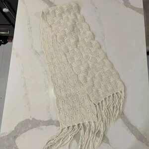 A New Day Cable Knit Chunky Cream Color Scarf w/ Fringe Textured Style Cozycore